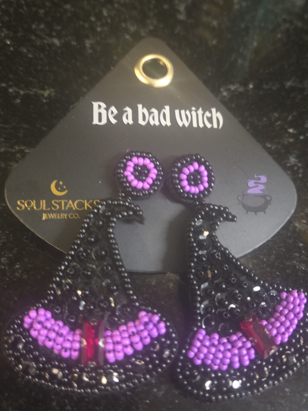 Soul Stacks Black & Purple Beaded Witch Hat Dangle Earrings